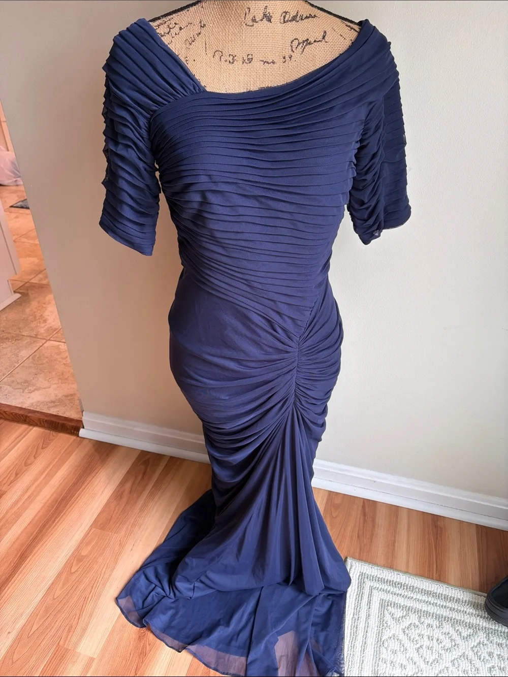 Tadashi Shoji navy blue draped mesh evening gown fitted